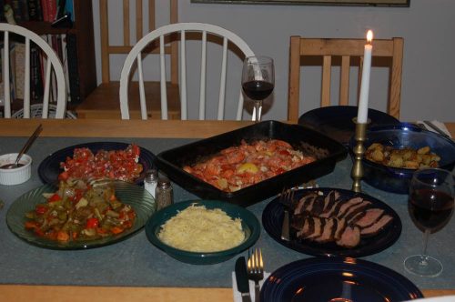 And we cooked up a surf and turf feast for the occasion.  That is grilled tri tip, Grilled fresh local prawns, orzo and roasted vegetables, and goat cheese horse radish bruschetta 